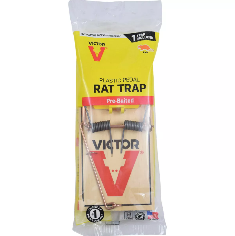 Victor branded mechanical rat trap with plastic pedal, pre-baited and packaged for rodent control under $50