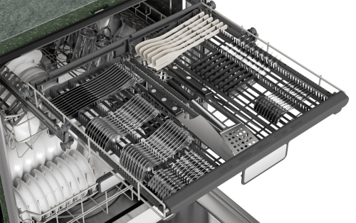 Open dishwasher drawer with organized silverware and utensils inside for kitchen and home improvement appliances.