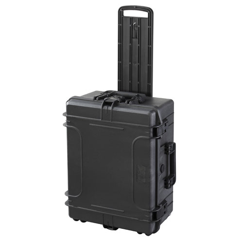 Black wheeled storage case with telescoping handle and side grip for tool organization and workshop use