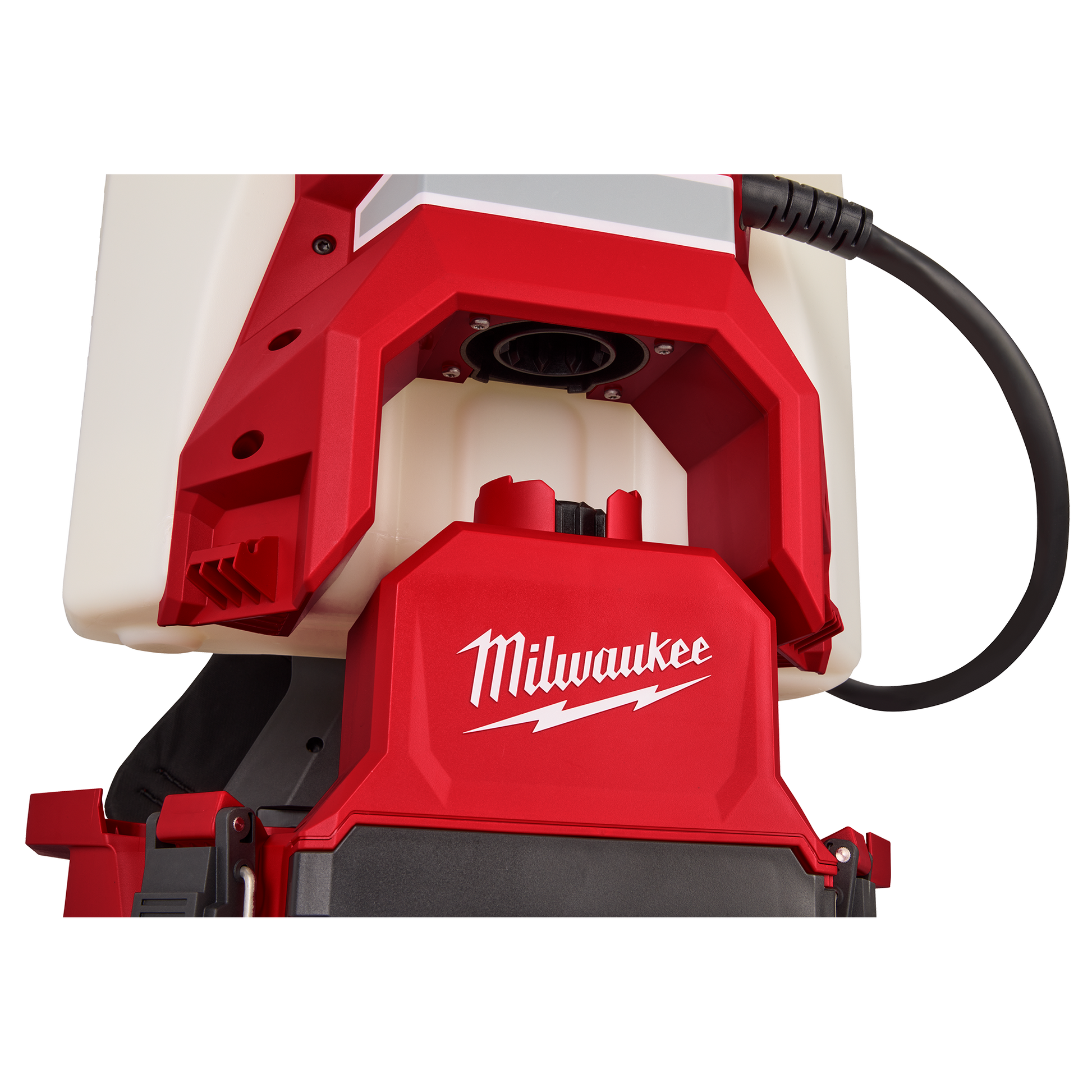 Red and white 4-gallon backpack sprayer with hose attachment and durable tank for tools and home improvement tasks
