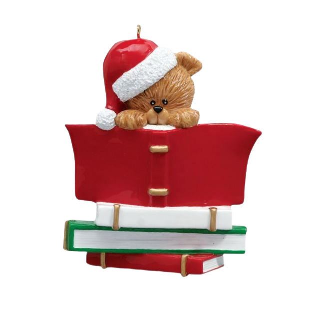Bear wearing Santa hat peeking over red book with green and red books stacked below for Christmas décor under $50 collection