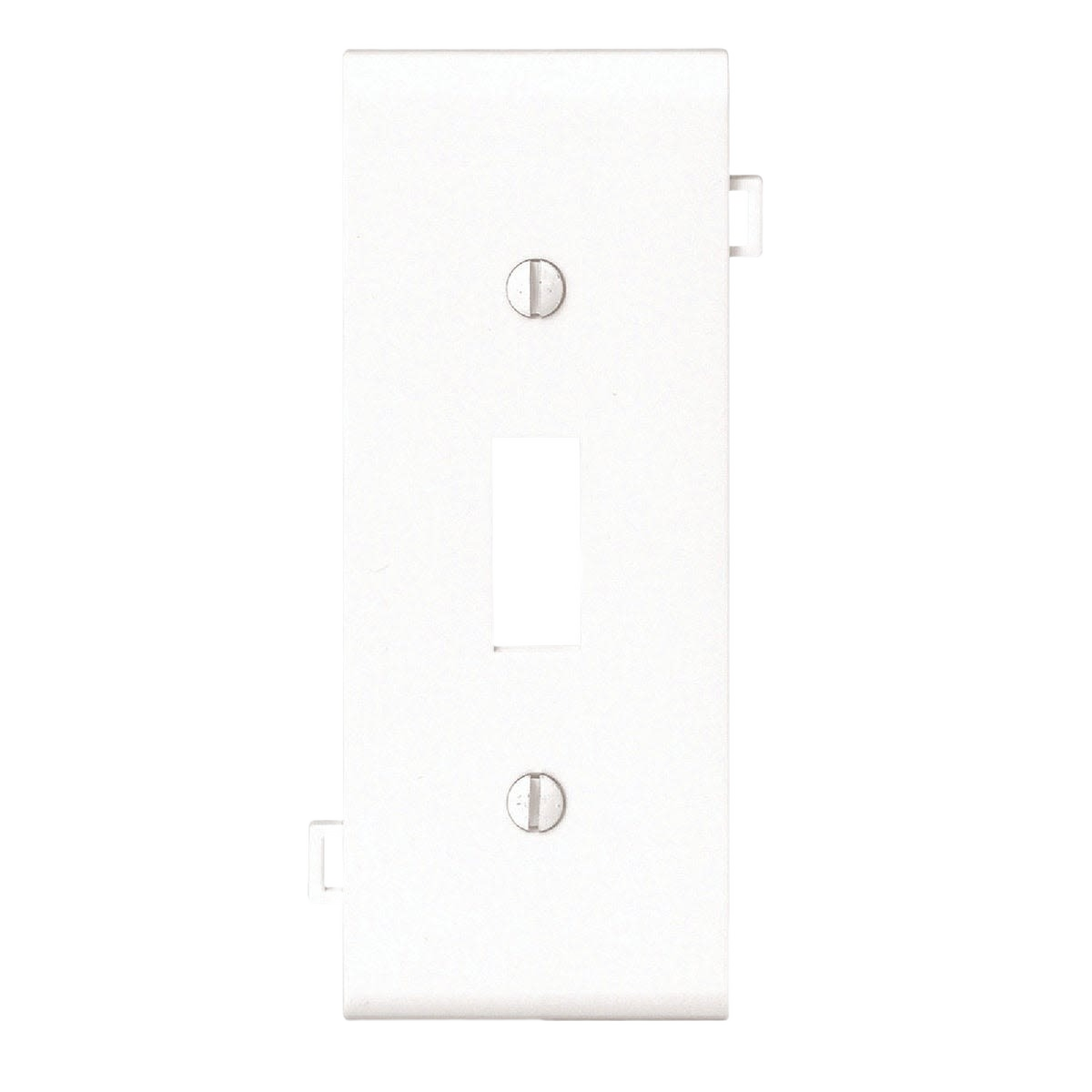 White plastic sectional wall plate with one toggle switch opening for home improvement projects