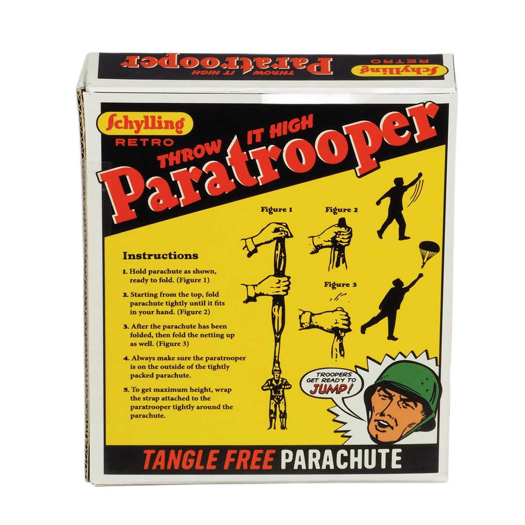 Vintage-style toy packaging showing instructions for a retro paratrooper with tangle-free parachute in toys collection under $50