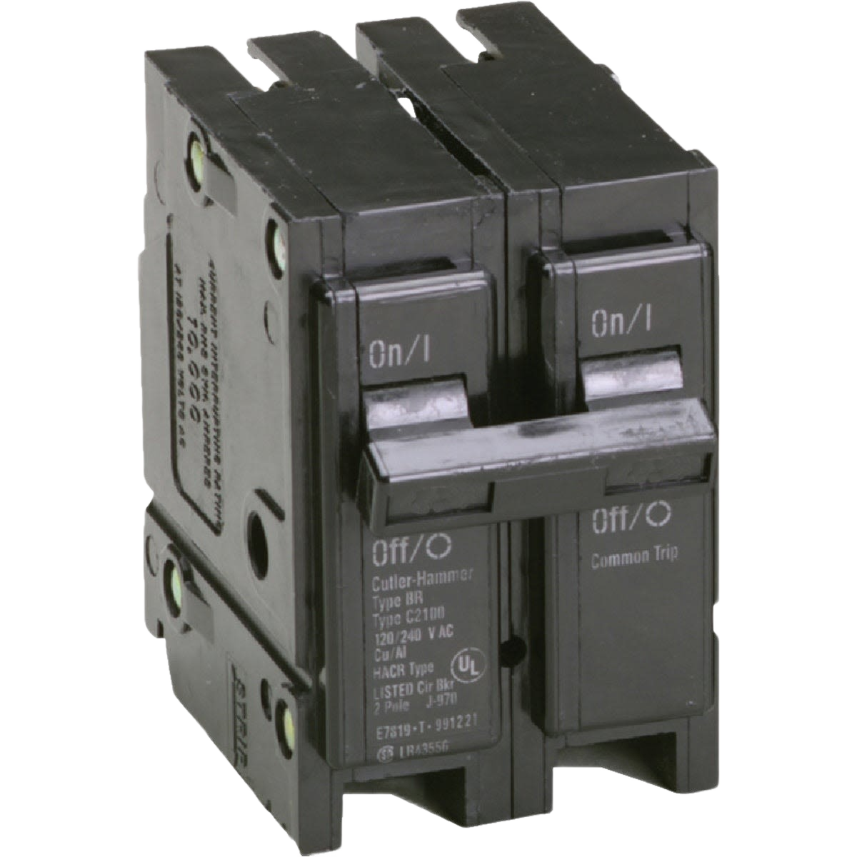Black double-pole circuit breaker switch designed for electrical safety in home improvement and tools applications