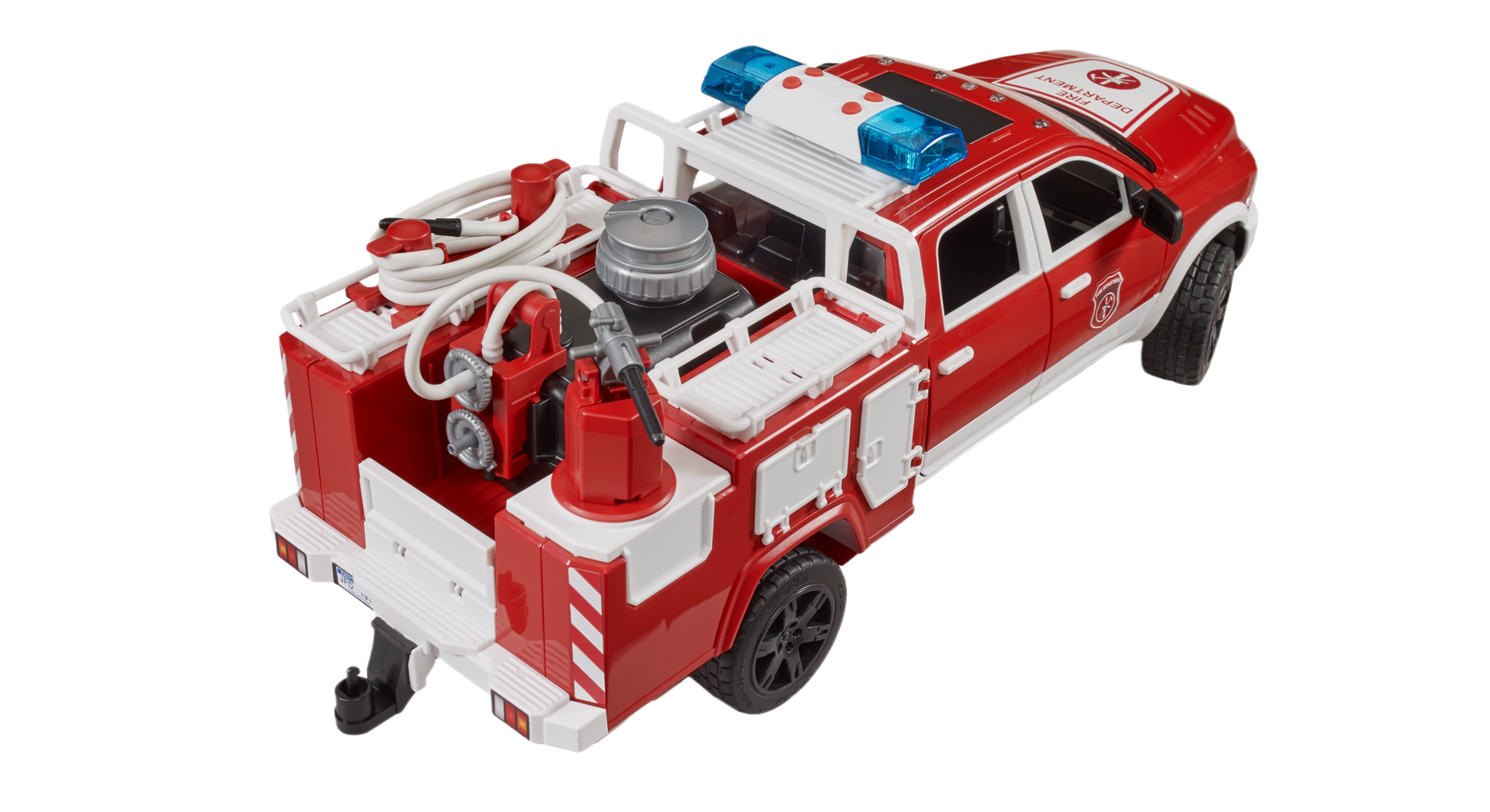 Red and white fire rescue truck toy with detailed equipment including hose, water pump, and emergency lights