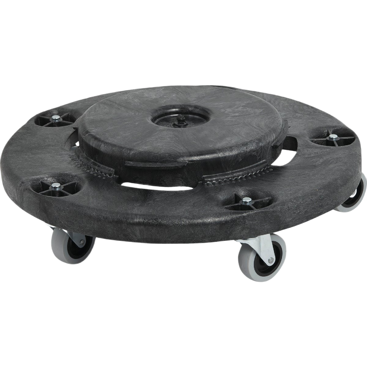 Heavy-duty black structural foam trash can dolly with four swivel caster wheels for janitorial and cleaning use under $50 collection
