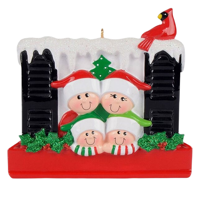 Festive family of four figurines in Christmas hats inside snowy window with cardinal and greenery decoration
