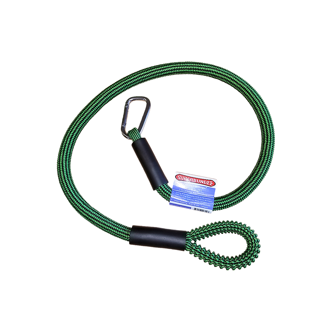 Green 36-inch marine cord with stainless steel carabiner and looped end for cargo and towing applications in automotive tools and hardware