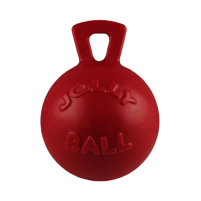 Red durable tug toy ball with handle designed for small dogs and interactive play sessions