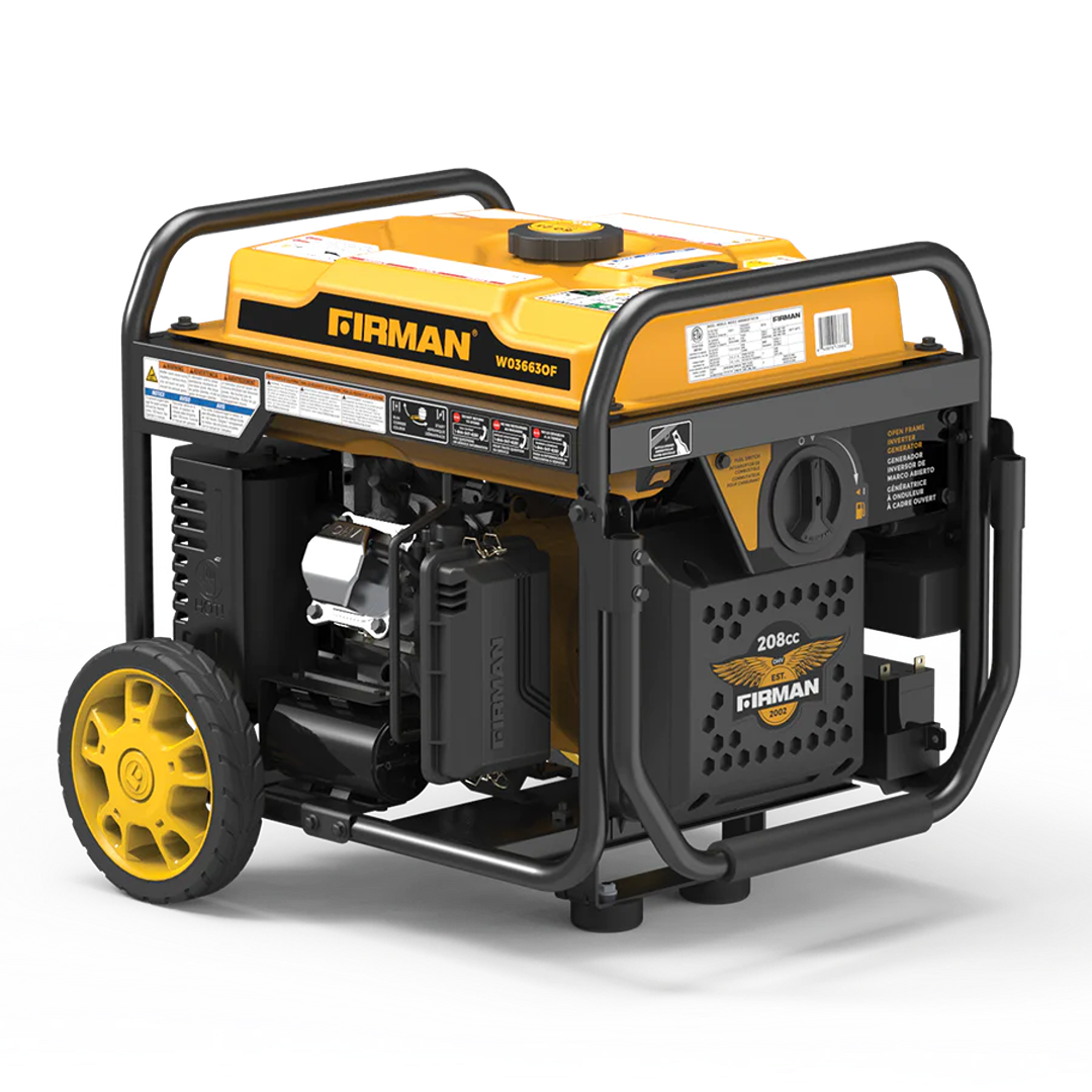 Yellow and black open frame FIRMAN inverter generator with wheels for portable power in tools and home improvement tasks