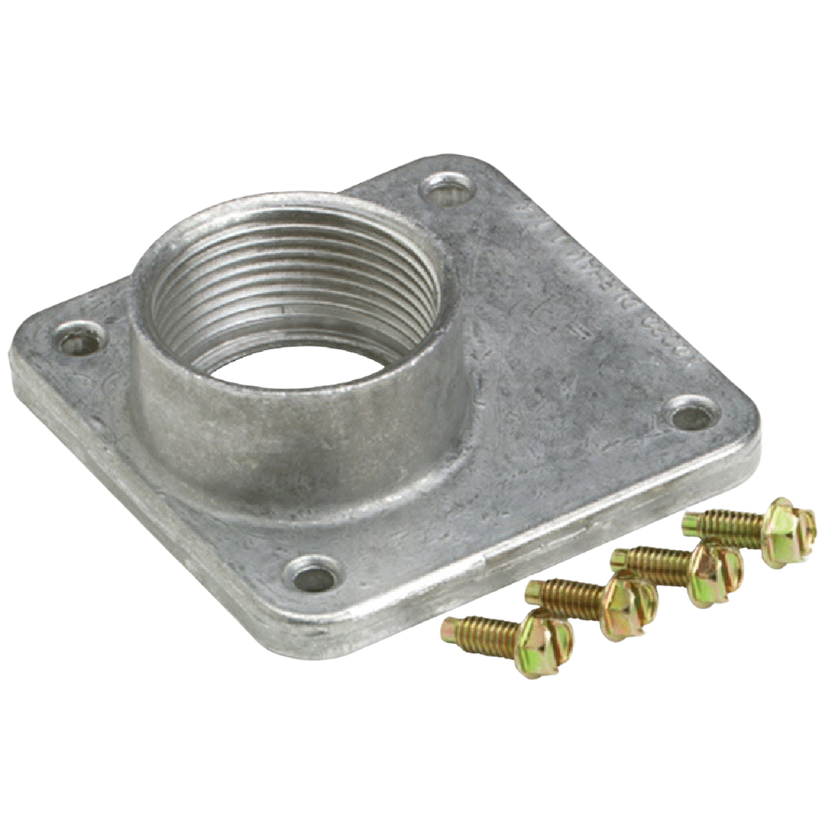 Square metal mounting hub with threaded center and four accompanying gold-tone screws for secure installation