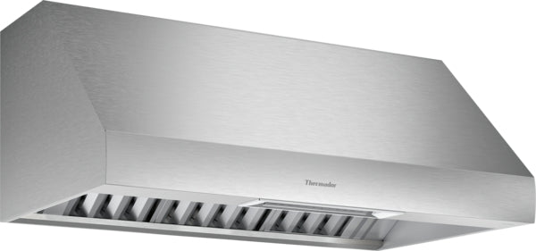 stainless steel wall-mounted range hood with angled canopy design for kitchen and home improvement appliances