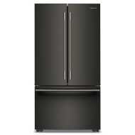 Front-facing view of a counter-depth French door refrigerator in a dark finish with long vertical handles and a bottom freezer, part of Refrigerators and Appliances collections for home improvement.