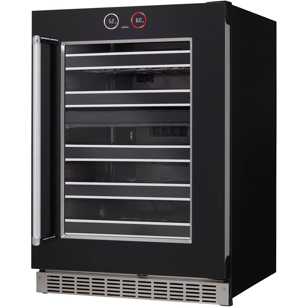 Under-counter wine cellar with digital controls, glass door, right-hand swing, black finish in appliances collection