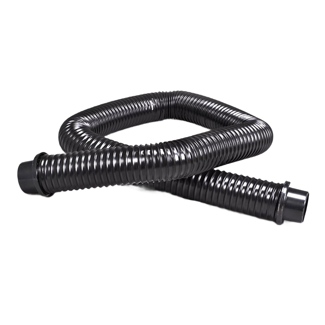 Flexible black vacuum hose with reinforced ribbing and end connectors for tools and home improvement use