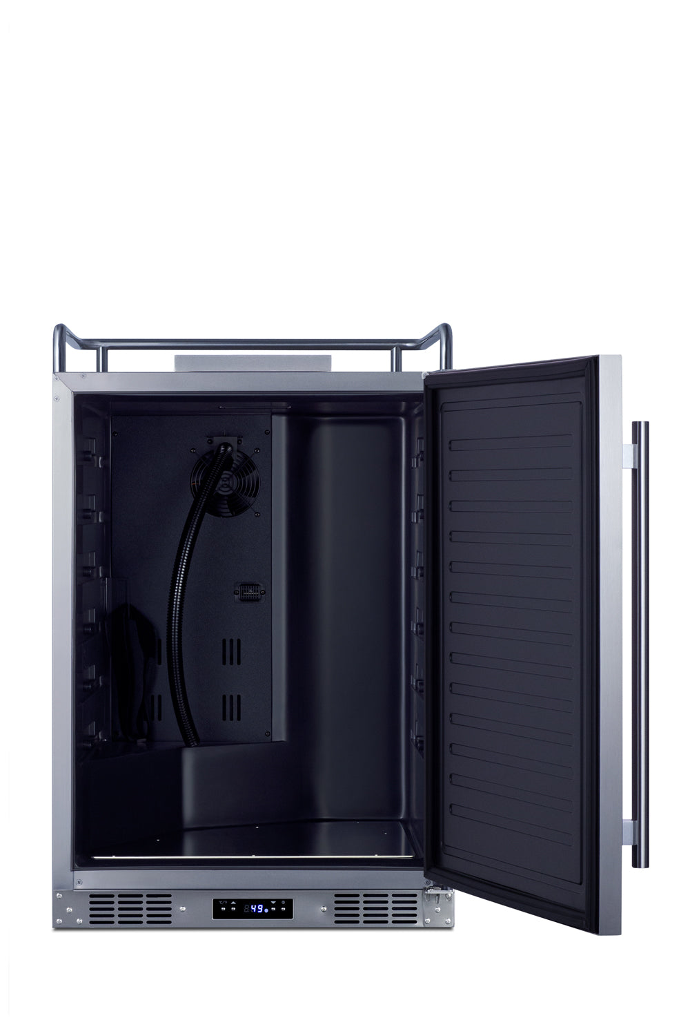 Built-in stainless steel kegerator with open door revealing interior cooling system in beverage centers and kitchen appliances collections
