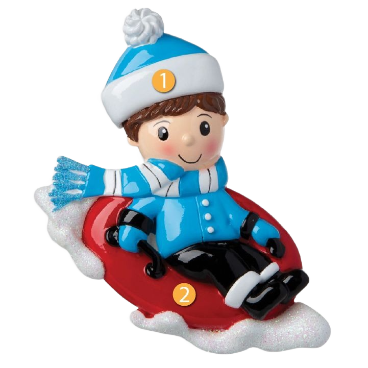 Boy in blue winter outfit sledding on red snow tube ornament for Christmas Ornaments & Tree Decorations under $50 collection