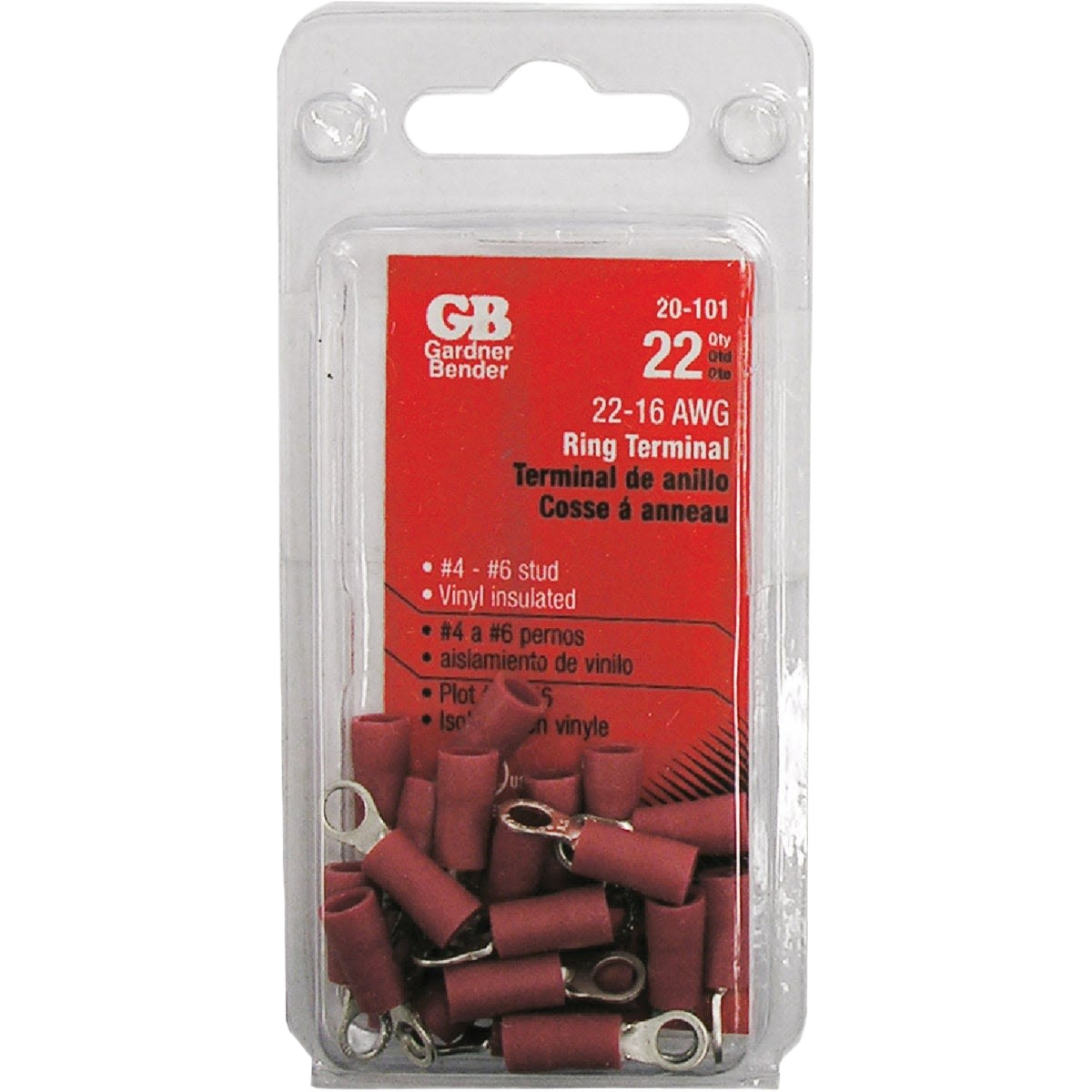 Clear plastic package of red vinyl-insulated ring terminals for electrical use in under $50 home improvement tools collection