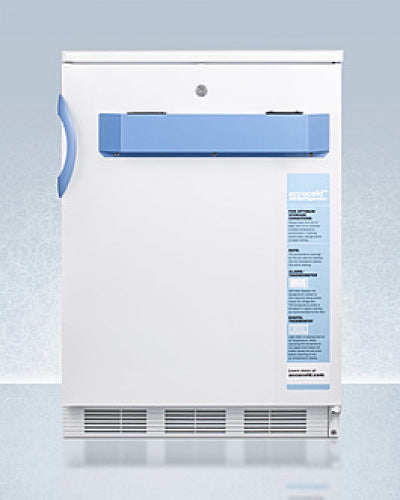 Compact white built-in refrigerator with blue handle and interior locking compartment for kitchen appliance use