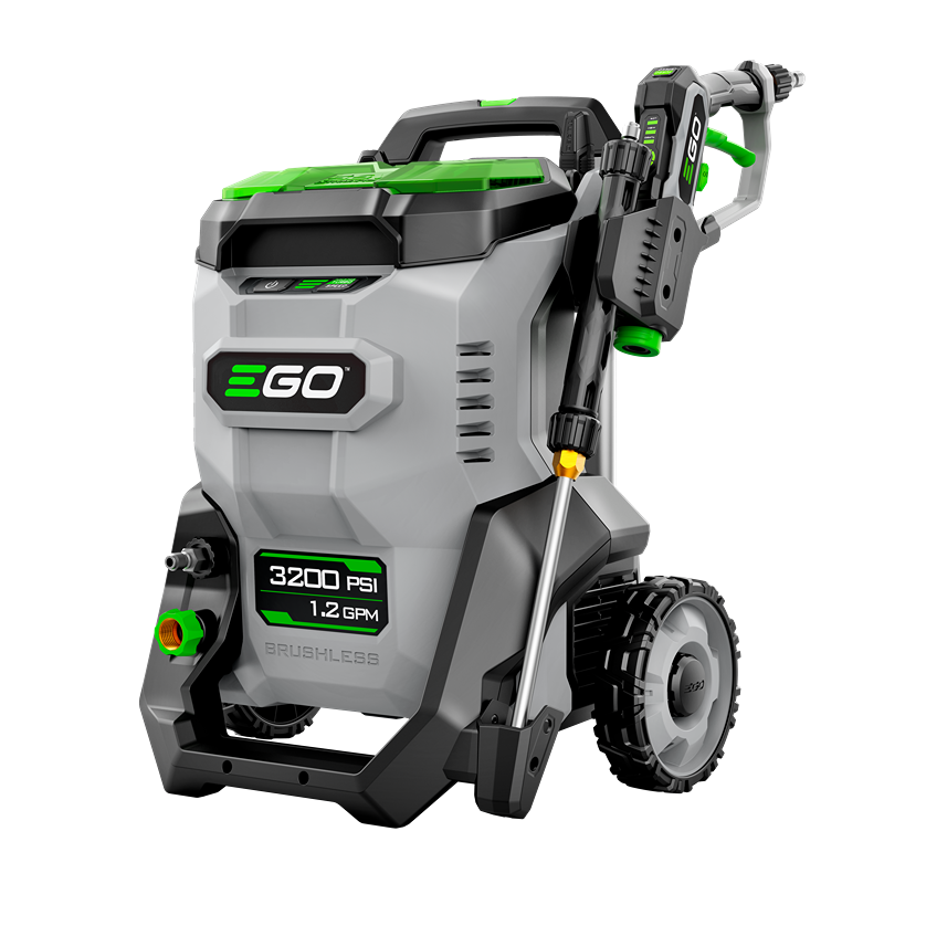 Portable gray and green power washer with wheels and spray wand for outdoor cleaning and home improvement use