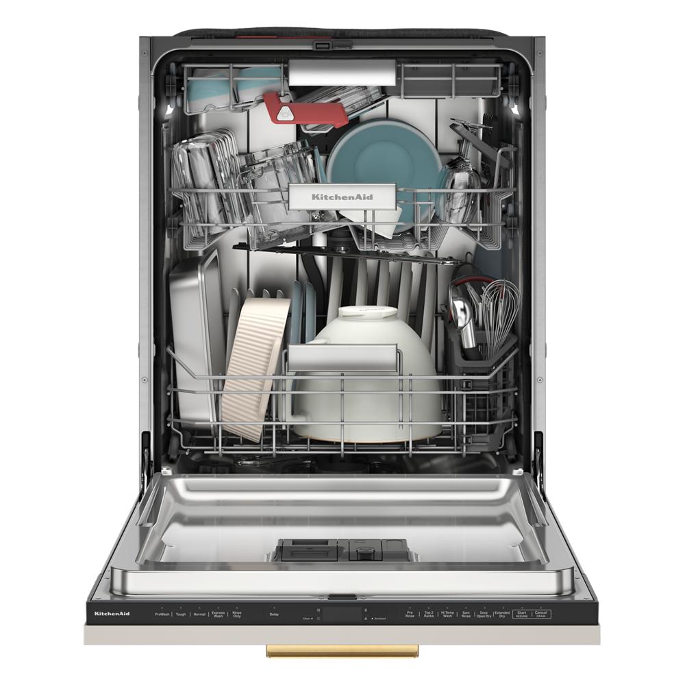 Front view of open panel-ready dishwasher loaded with dishes and kitchenware in appliances and kitchenware collection