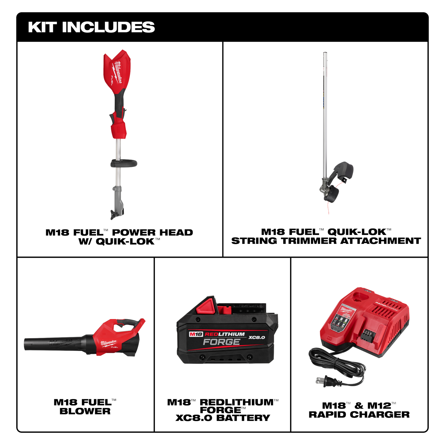 Red and black cordless power head, string trimmer, blower, battery, and rapid charger kit for outdoor tools and home improvement tasks