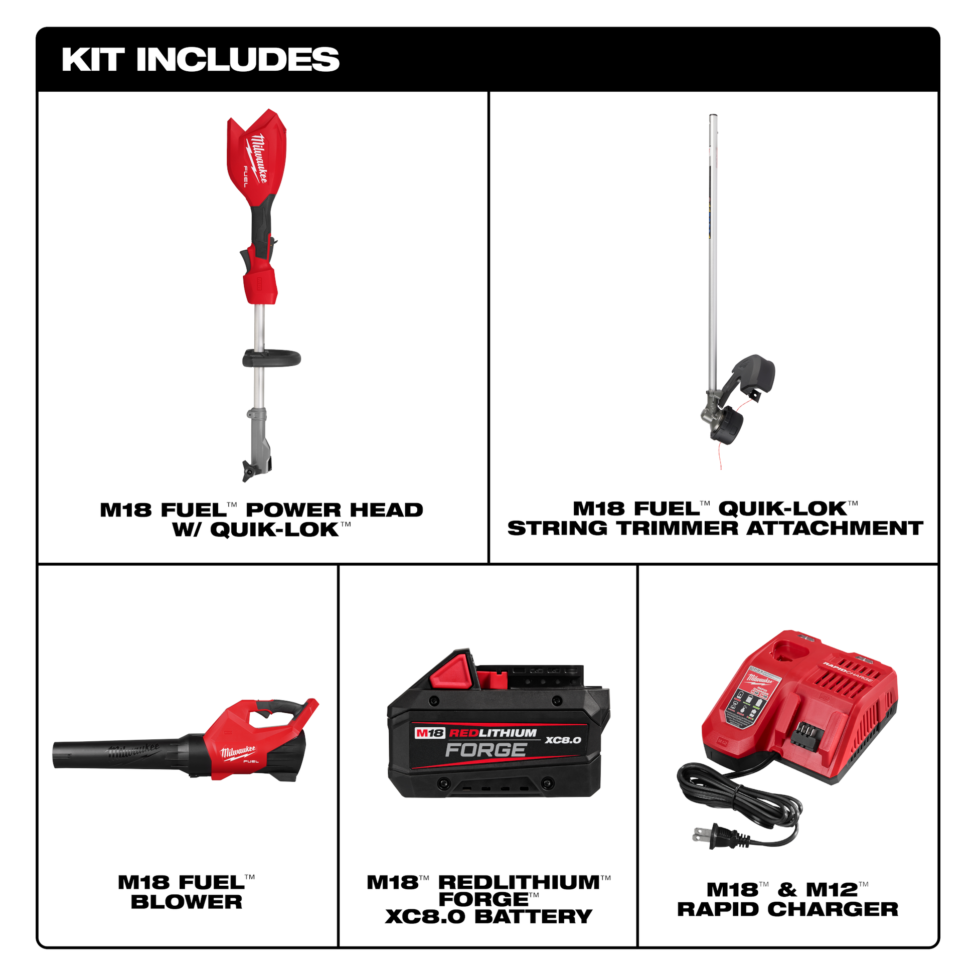 Red and black cordless power head, string trimmer, blower, battery, and rapid charger kit for outdoor tools and home improvement tasks