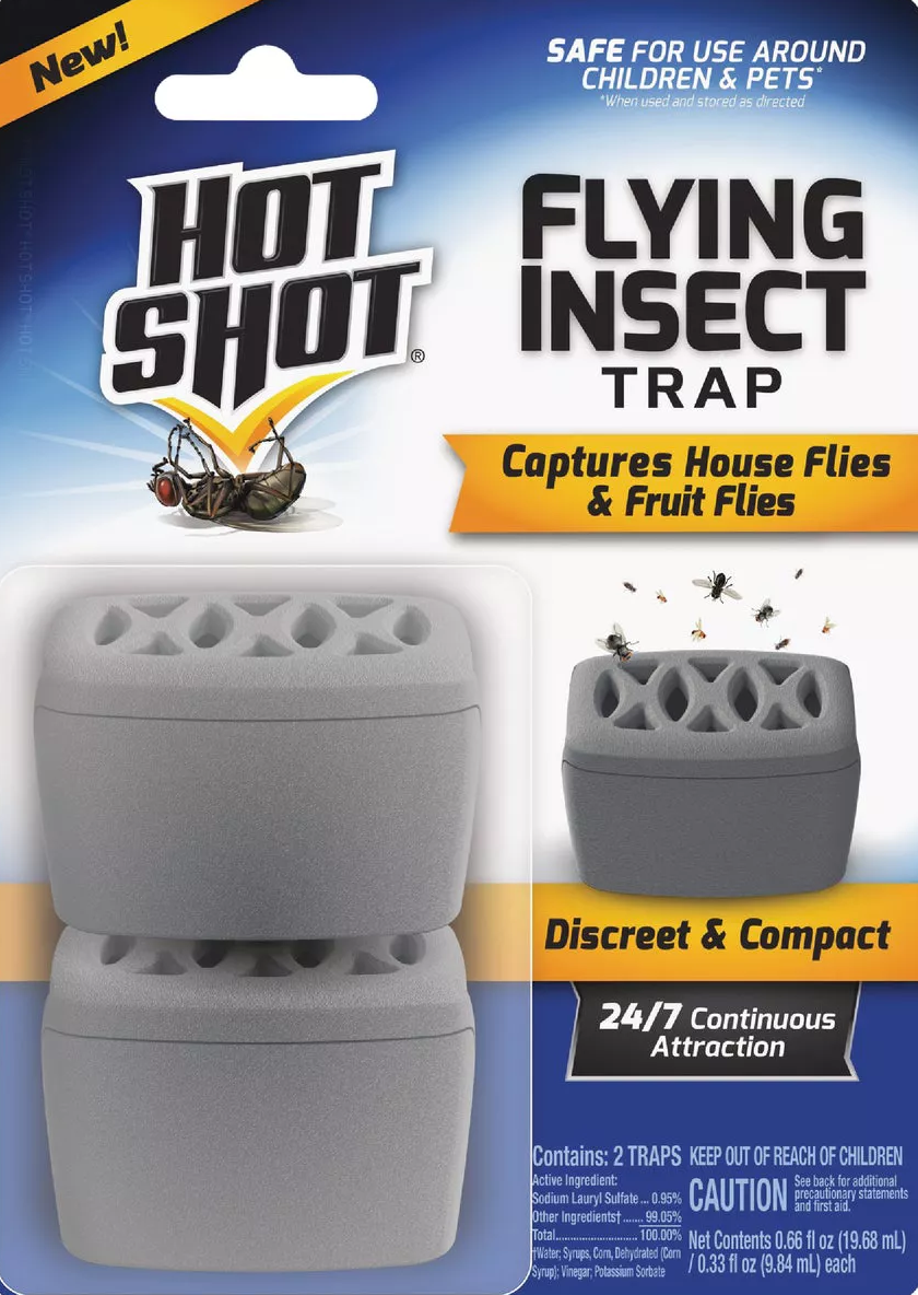 Packaging of Hot Shot gray flying insect traps with continuous attractant for houseflies and fruit flies in insect control category