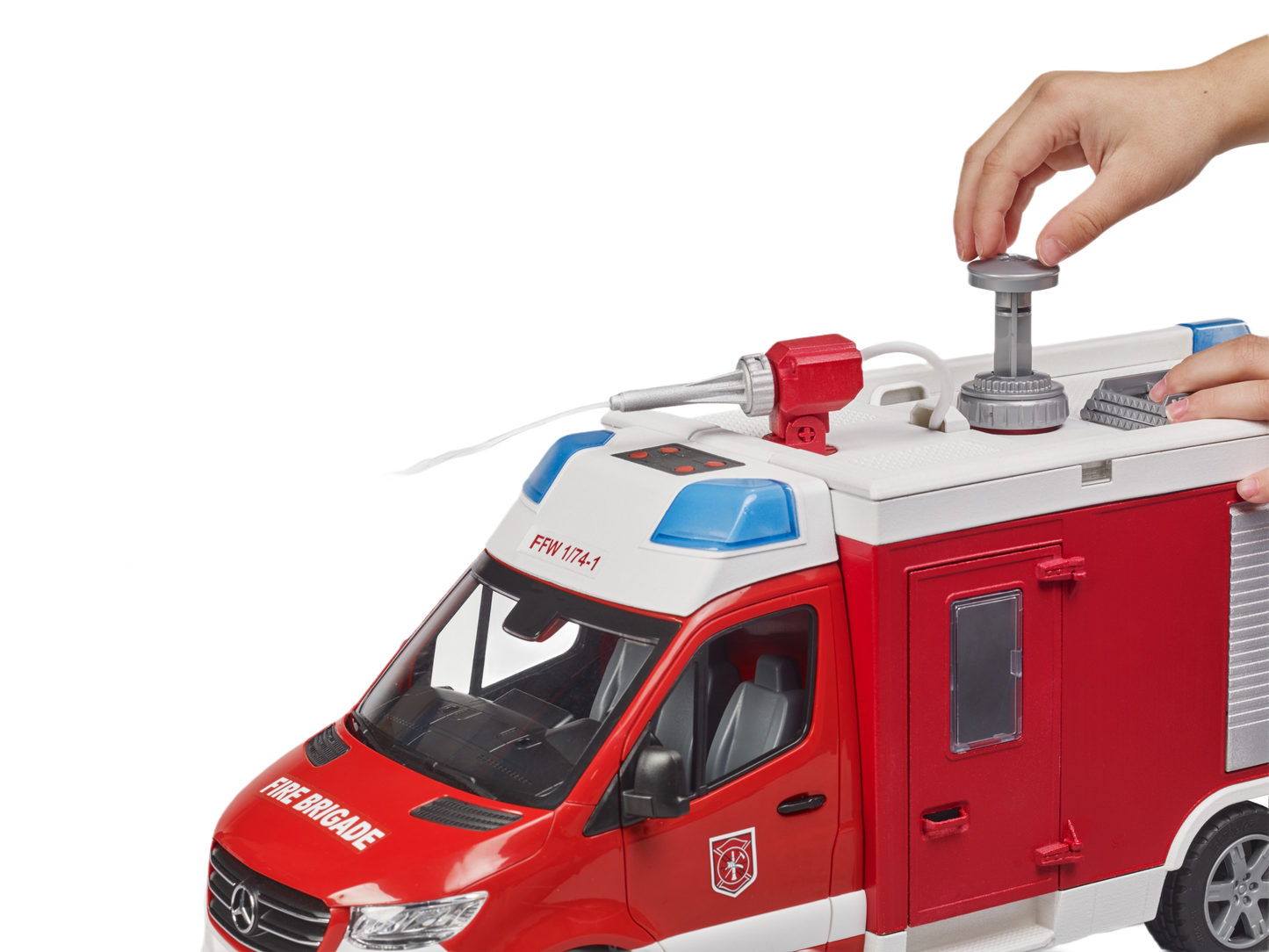 Red and white model fire engine toy with detailed cab, roof equipment, and rotating water cannon being adjusted by hand