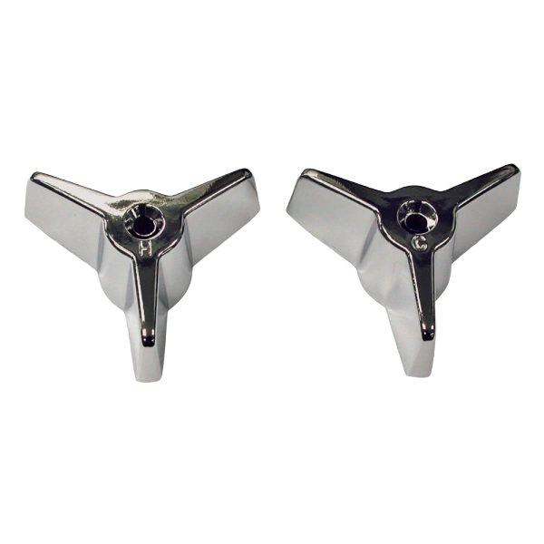 Chrome faucet handles with tri-wing design for hot and cold water in plumbing repair and home improvement parts