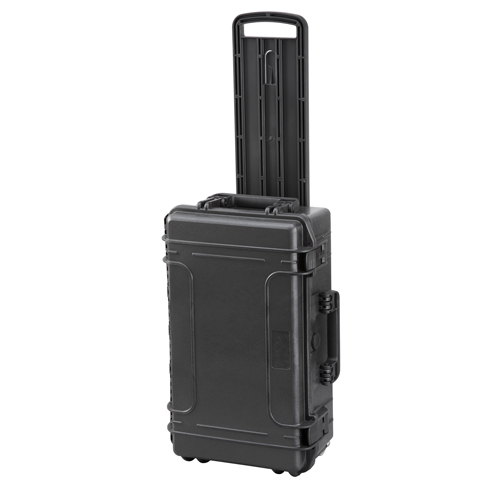 Black rolling tool case with extendable handle and secure latches for workshop organization and tool storage solutions