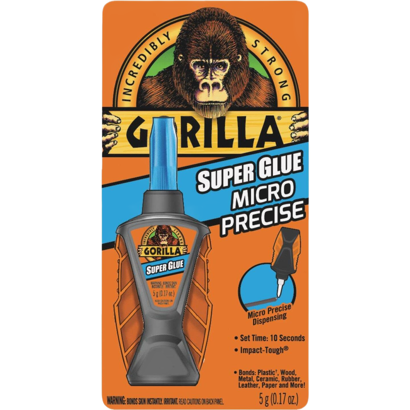 Gorilla brand micro precise super glue in orange and blue packaging for paint, supplies, and adhesive needs