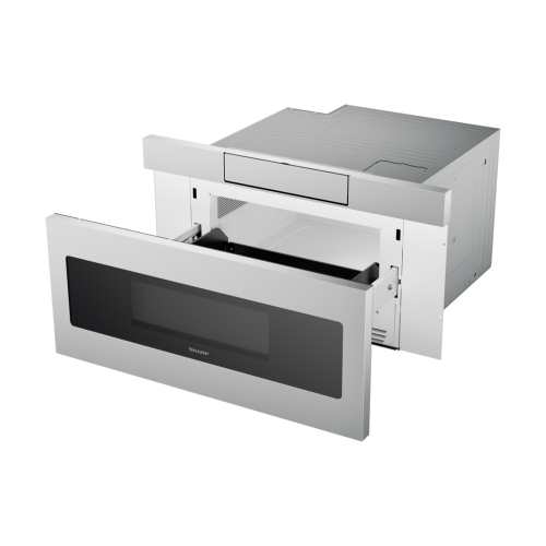 Built-in flat panel microwave drawer with stainless steel finish and easy touch open feature in kitchen appliances collection