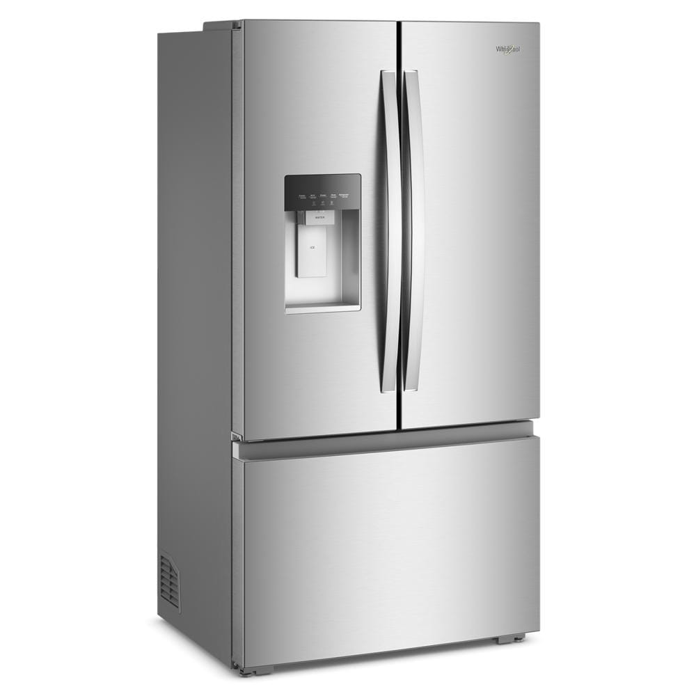 Stainless steel French door refrigerator with in-door water dispenser and lower freezer drawer, part of Hartville Hardware appliances collection