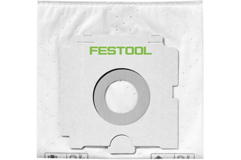 White self-cleaning vacuum filter bag with green logo and cardboard collar for tools and home improvement use