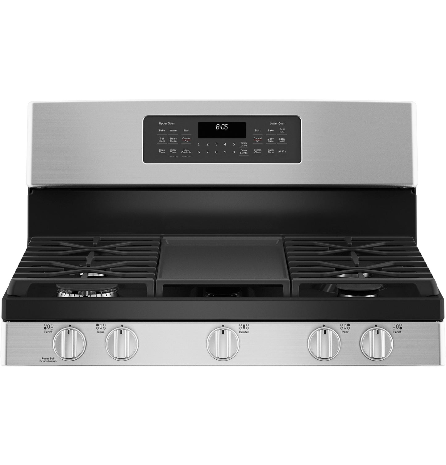 Stainless steel gas range with five control knobs, central griddle, and digital display in modern kitchen appliance collection