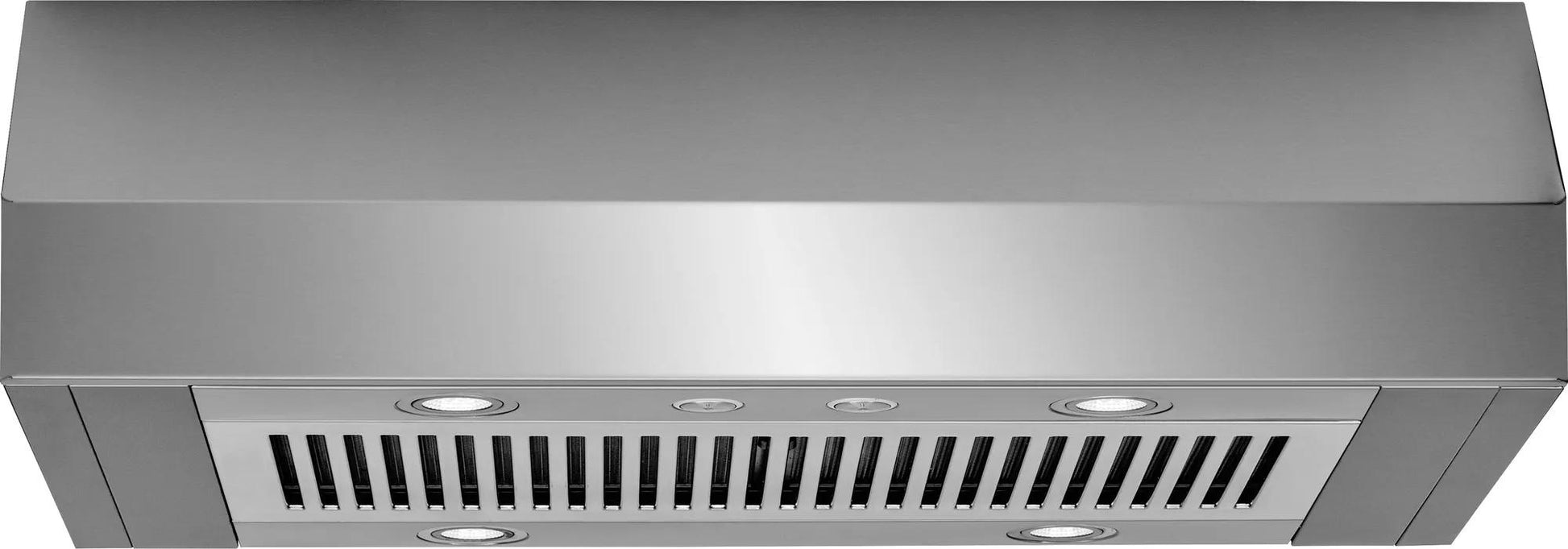 Stainless steel 36-inch under cabinet range hood with vent and built-in lighting in kitchen appliances collection