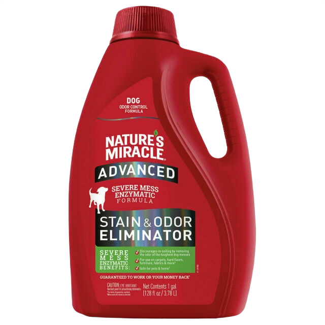 Red plastic jug of Nature's Miracle advanced enzymatic stain and odor remover for pet messes with handle and screw cap