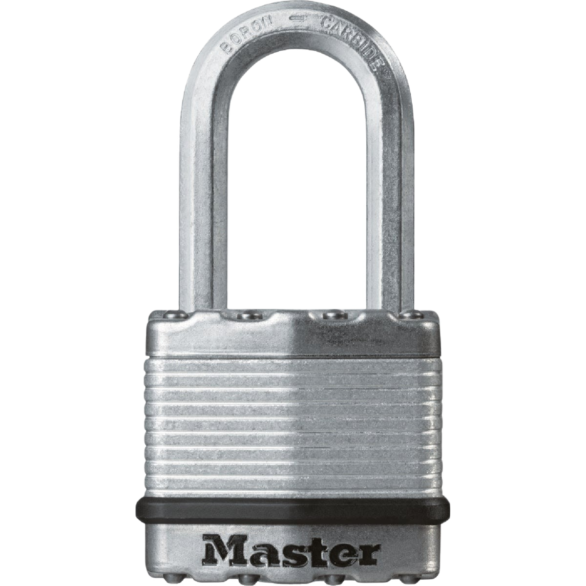 Silver steel wide shackle padlock with ribbed body and protective black bumper for home improvement and security use