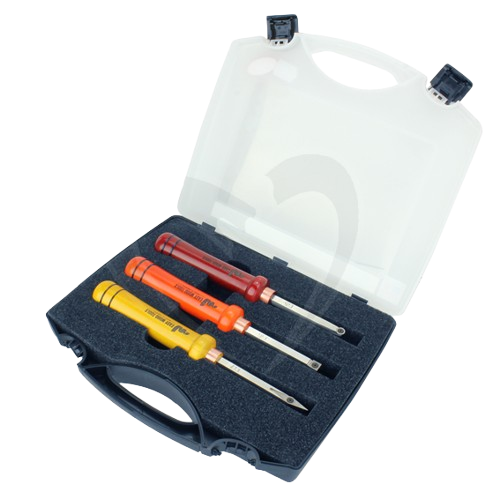 Set of three woodturning micro tools with colorful handles in molded case for woodworking and woodturning collections