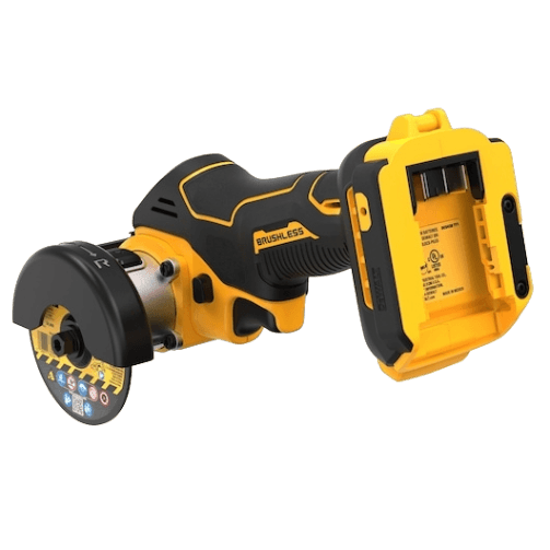 Yellow and black cordless cut-off tool with brushless motor and removable battery slot, designed for precision cutting in woodworking and home improvement tools collections.