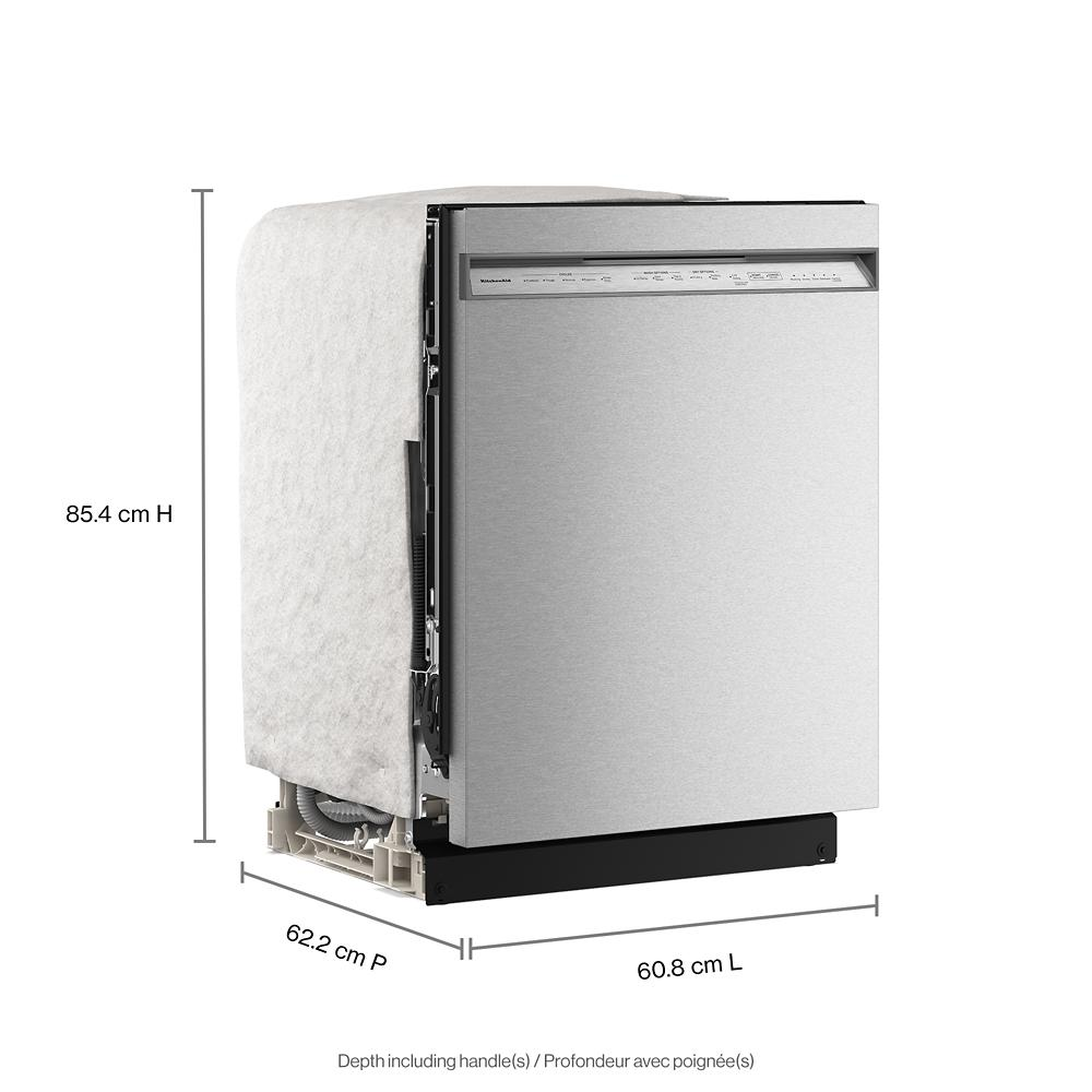 Stainless steel built-in dishwasher showing detailed control panel and dimensions for kitchen appliances collection