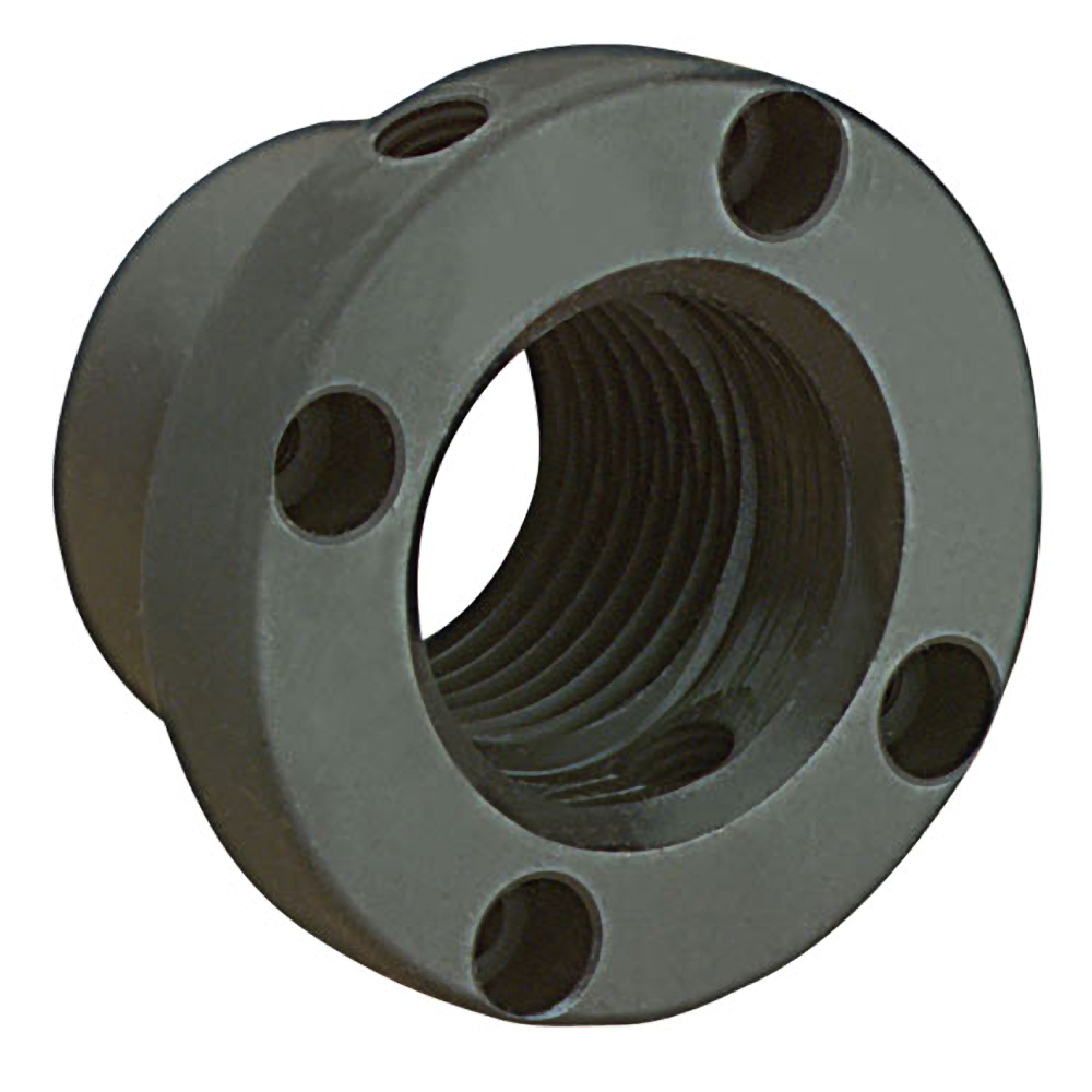 Black metal taper lock adapter with threaded interior and multiple bolt holes for woodworking tools collections