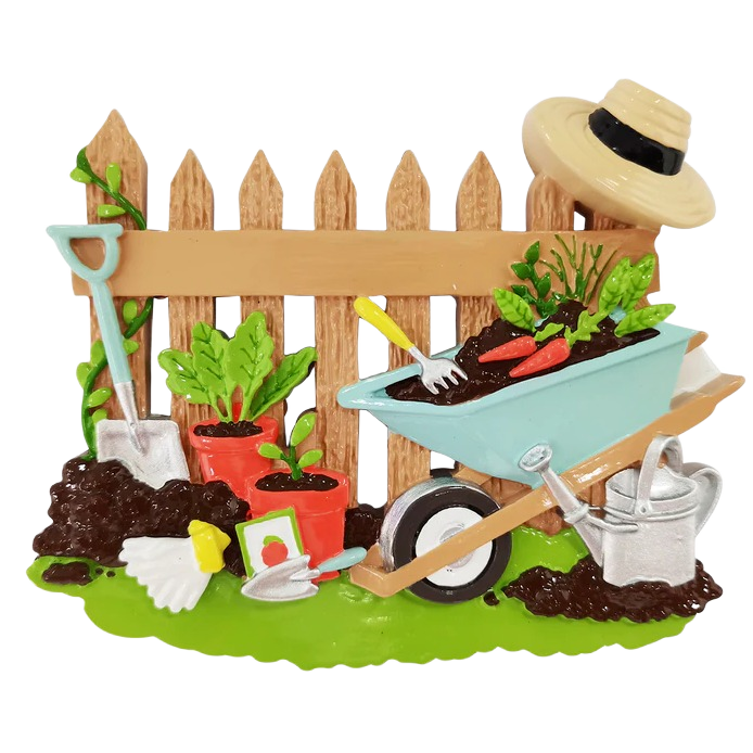 Miniature gardener scene with wooden fence, wheelbarrow, potted plants, gardening tools, and straw hat Christmas ornament under $50