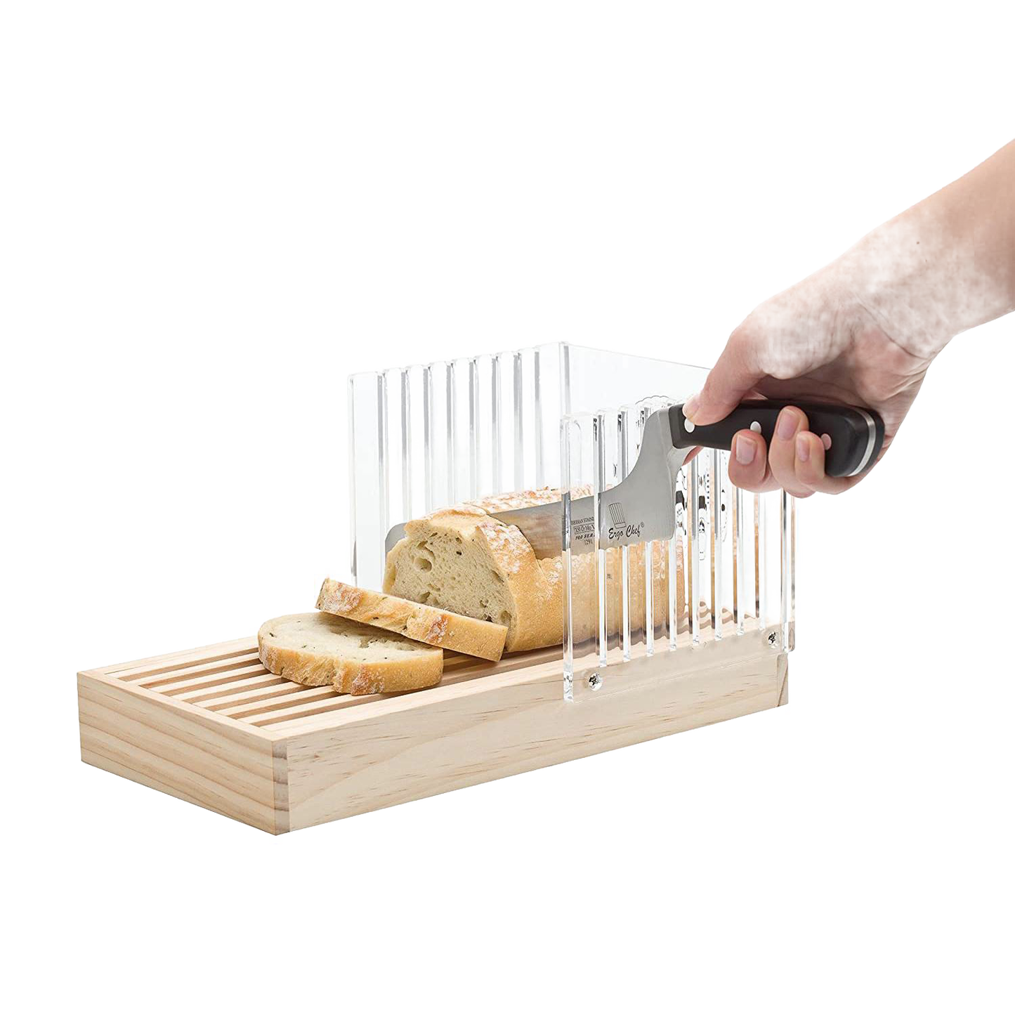 Wooden bread slicing guide with clear adjustable dividers and serrated knife for even slices in kitchenware collection