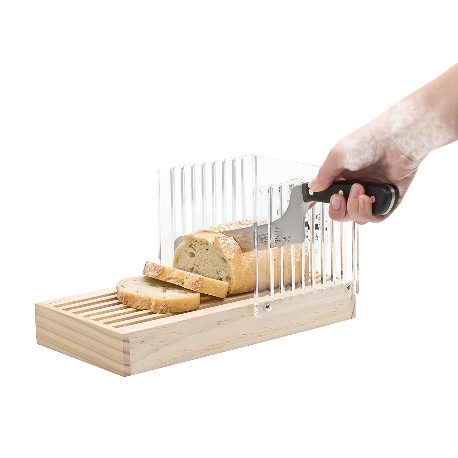 Wooden bread slicing guide with clear adjustable dividers and serrated knife for even slices in kitchenware collection