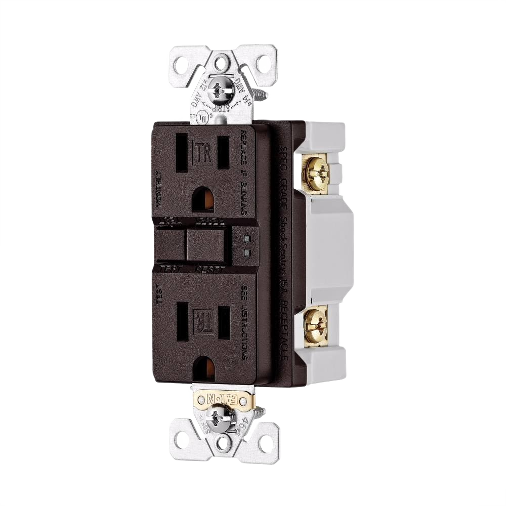 Oil rubbed bronze GFCI duplex outlet with test and reset buttons for electrical safety in home improvement projects