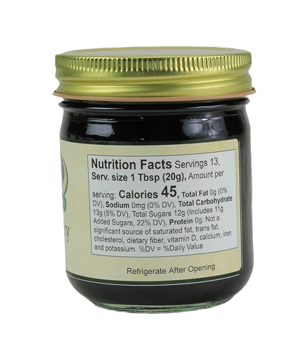 Small jar of elderberry jelly with nutritional facts label from Hartville Kitchen jams and jellies collection under $25