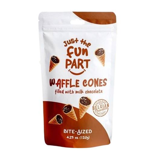 Bite-sized mini waffle cones filled with milk chocolate in resealable pouch for chocolates and candies collection