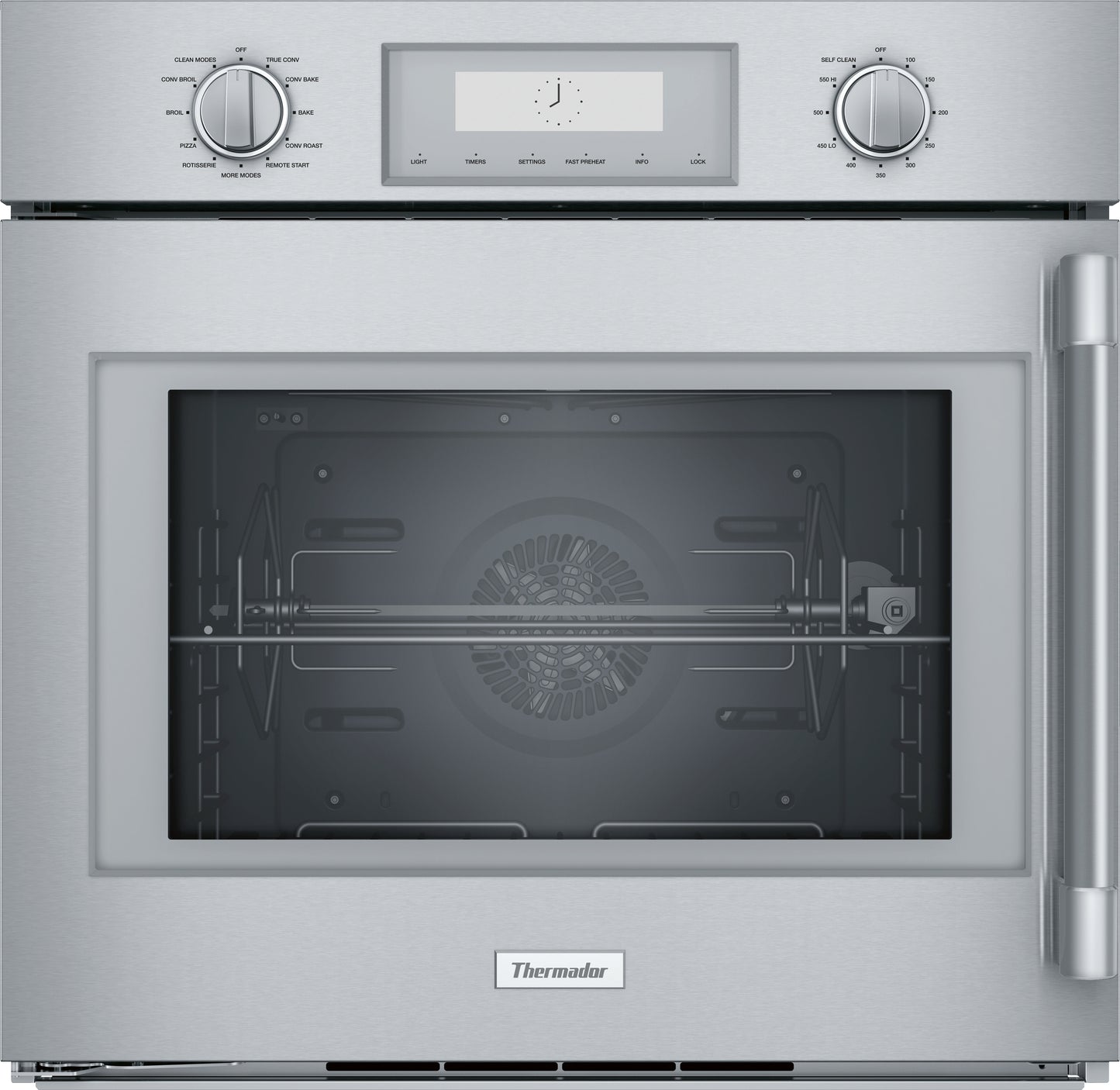 Stainless steel single wall oven with left side door and control knobs, part of Thermador kitchen appliances collection